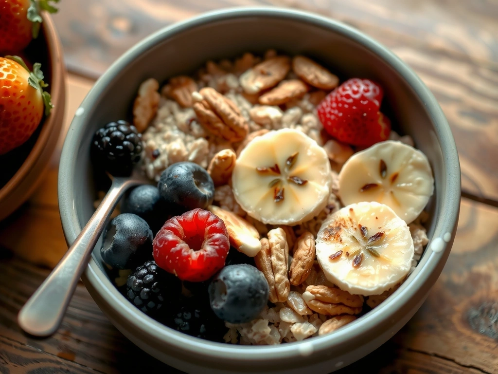 Bol de cereale integrale cu fructe și nuci pentru un mic dejun sănătos și energizant