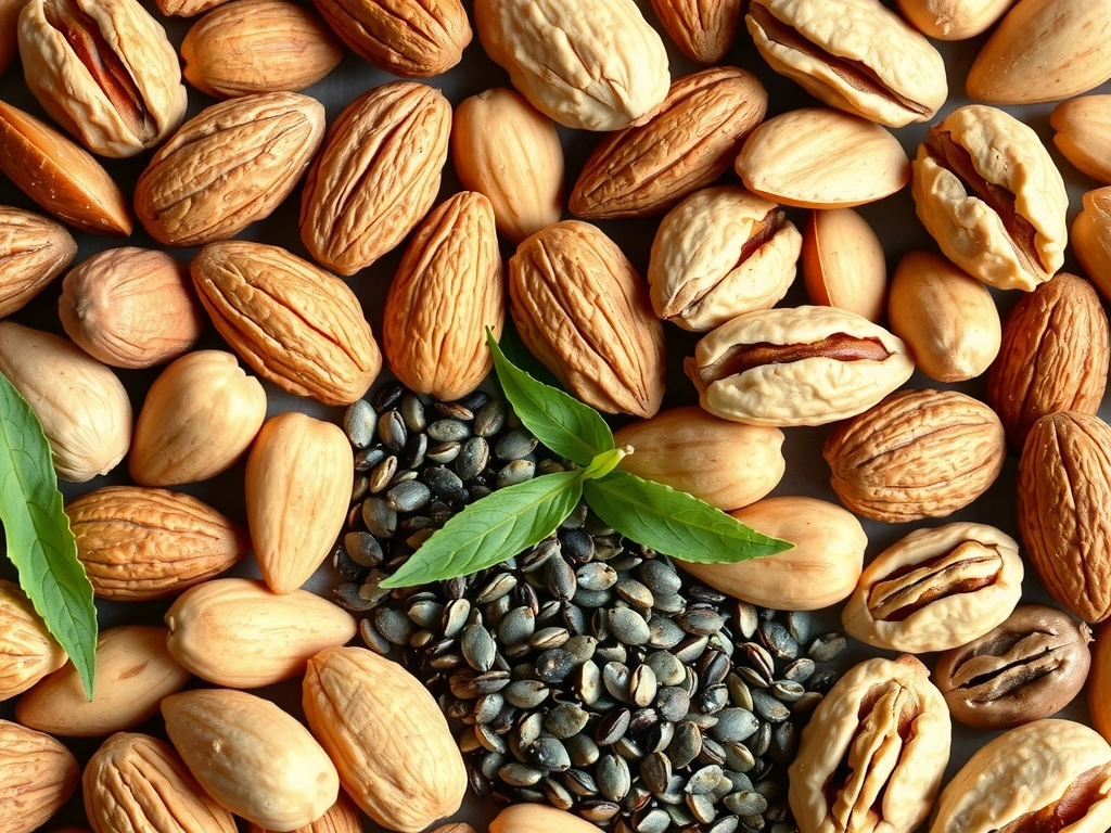 O selecție de semințe și nuci sănătoase aranjate artistic, cu accente de verdeață