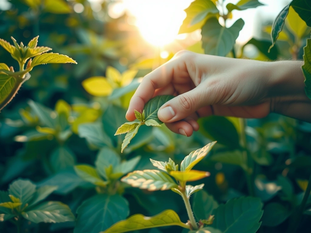 O mână culegând ierburi medicinale dintr-o grădină luxuriantă, cu lumina soarelui în fundal