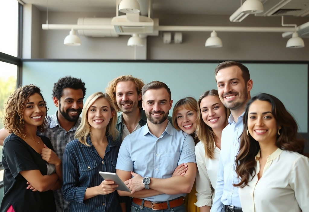 Grup de oameni zâmbitori care colaborează