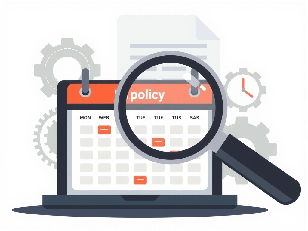 Ilustrație cu un calendar și o lupă, simbolizând revizuirea politicilor