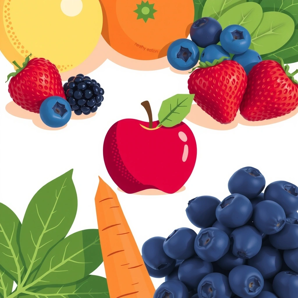 Ilustrație cu fructe proaspete și legume, simbolizând alimentația sănătoasă