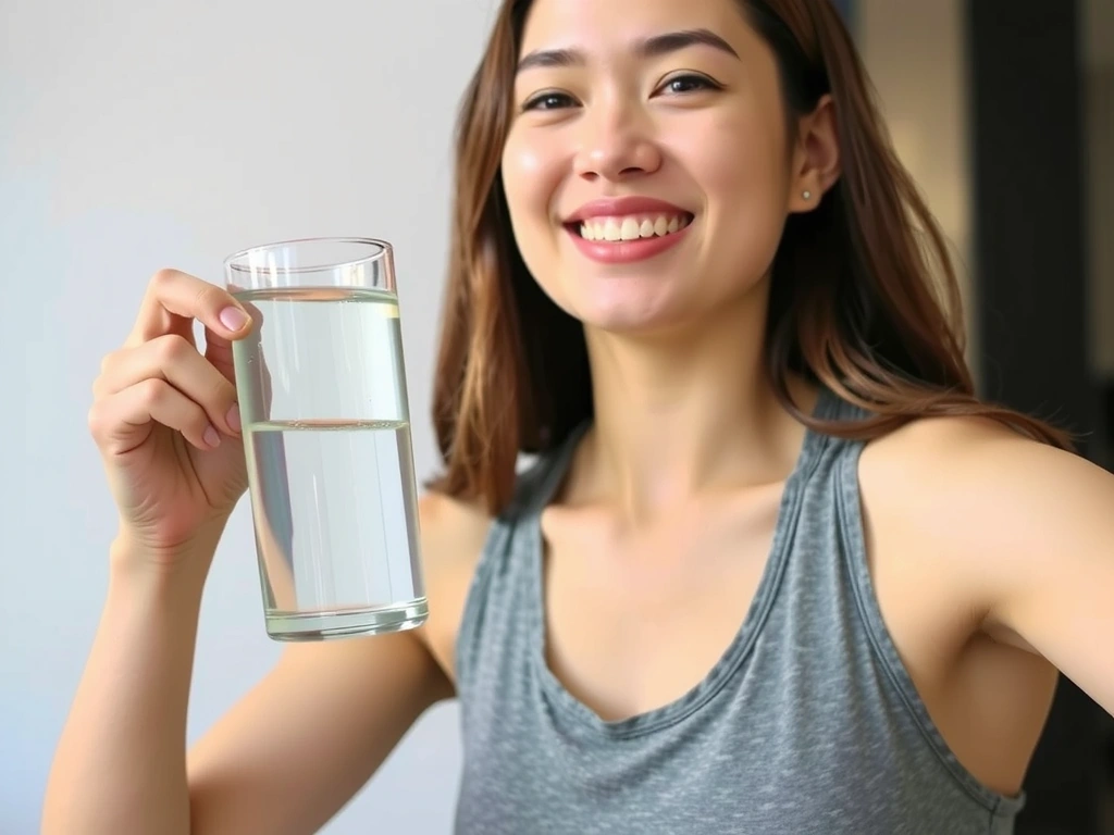 O persoană zâmbitoare care bea apă proaspătă după un antrenament, simbolizând vitalitatea