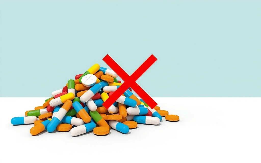 An illustration of a large pile of pills, symbolizing overconsumption and the myth that 'more is better' in supplementation.