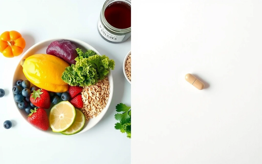 Comparison image of a plate of healthy, fresh food next to a single supplement pill, emphasizing that food is primary.
