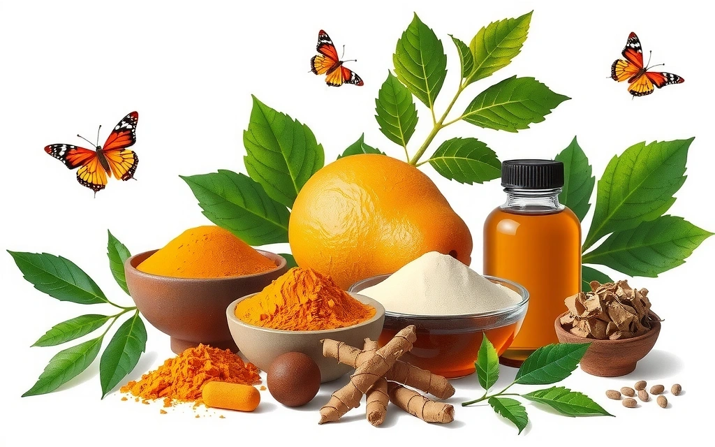 Illustration of various plant extracts and herbal supplements, emphasizing natural sources and holistic health.