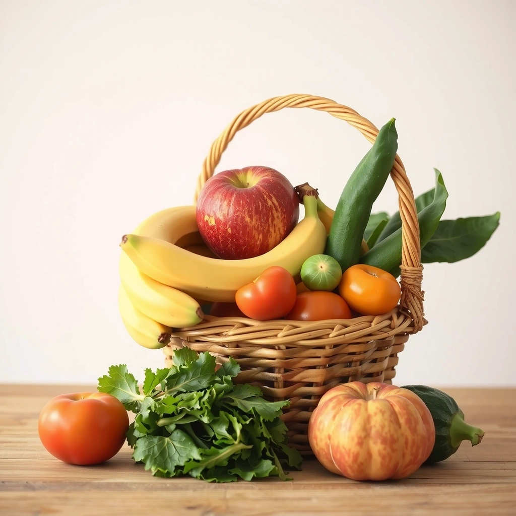Coș plin cu fructe și legume proaspete