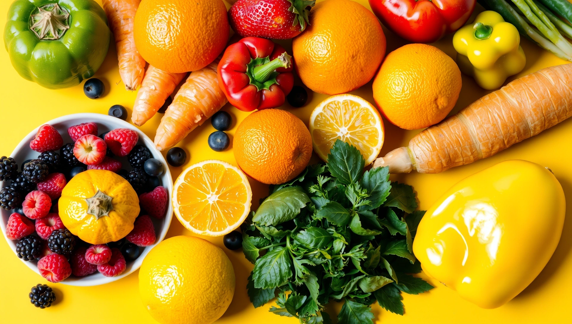 Diverse fructe și legume proaspete aranjate estetic pe un fundal luminos