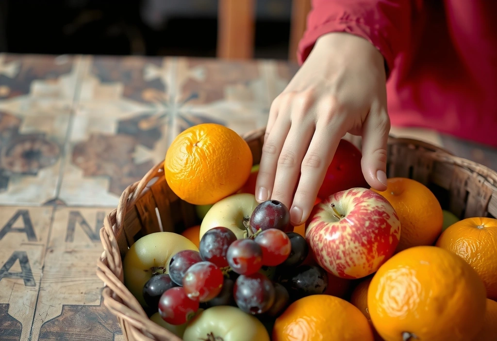 O mână culege fructe proaspete dintr-un coș, simbolizând nutriția naturală